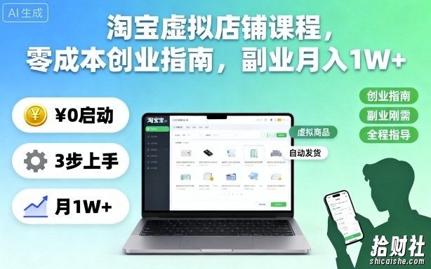 淘宝虚拟店铺课程,零成本创业指南,副业月入1W+