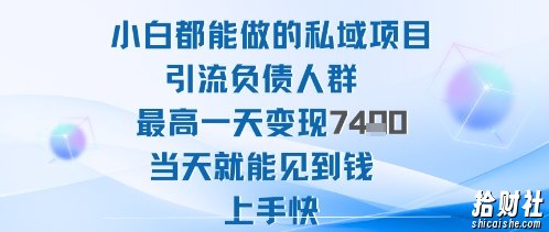 2025年小白都能做的私域项目引流负债人群最高一天变现1k+高变现难度低当天就能见到钱上手快