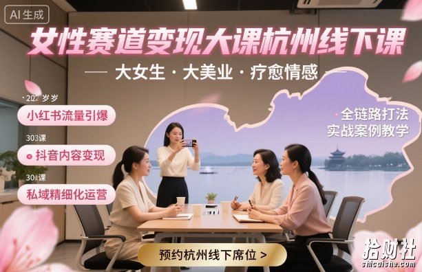 女性赛道变现大课杭州线下,大女生,大美业,疗愈情感,一套小红书、抖音、私域全链路打法