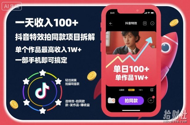 一天收入100+，抖音特效拍同款项目拆解，单个作品最高收入1W+，一部手机即可搞定