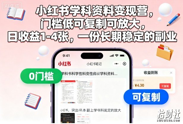 小红书学科资料变现营,门槛低可复制可放大,日收益1-4张,一份长期稳定的副业
