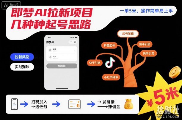 即梦AI拉新项目几种起号思路，一单5米，操作简单易上手