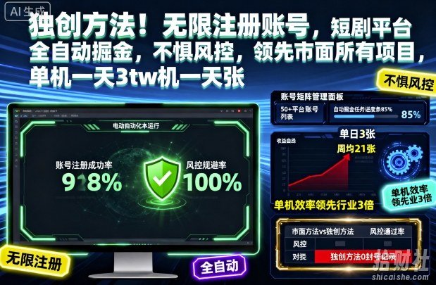 独创方法！无限注册账号，短剧平台全自动掘金，不惧风控，领先市面所有项目，单机一天3张【揭秘】