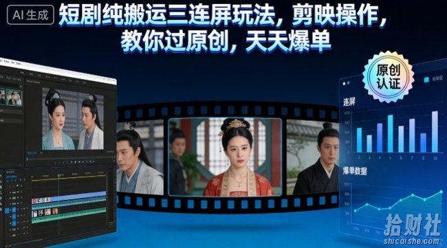 短剧纯搬运三连屏玩法，剪映操作，教你过原创，天天爆单