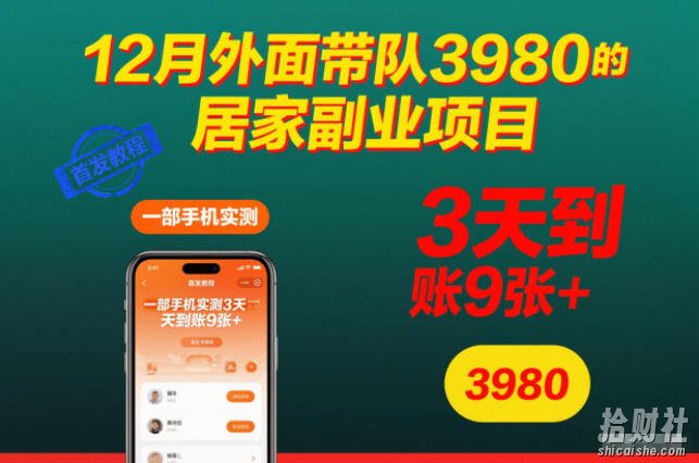 12月外面带队3980的居家副业项目,一部手机实测3天到账9张+,首发教程【揭秘】