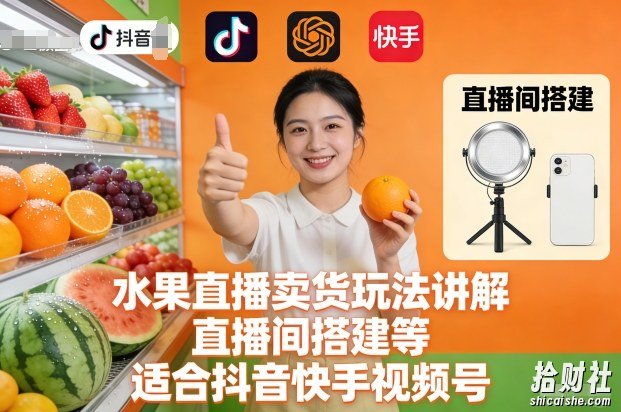 水果直播卖货玩法讲解、直播间搭建等，适合抖音快手视频号
