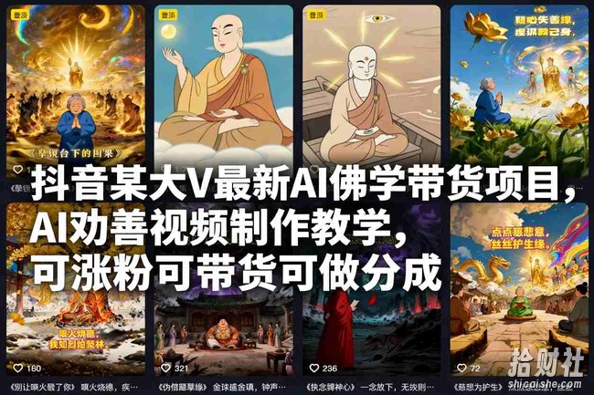 抖音某大V最新AI佛学带货项目,AI劝善视频制作教学,可涨粉可带货可做分成