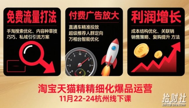 淘宝天猫精细化爆品运营11月22-24杭州线下课,免费流量打法+付费广告放大+利润增长(音频+文档)