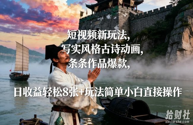 短视频新玩法，写实风格古诗动画，条条作品爆款，日收益轻松8张+玩法简单小白直接操作