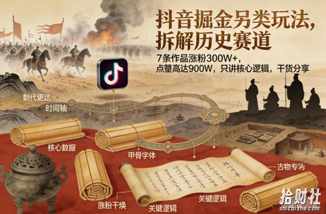 抖音掘金另类玩法，拆解历史赛道，7条作品涨粉300W+，点赞量高达900W，只讲核心逻辑，干货分享