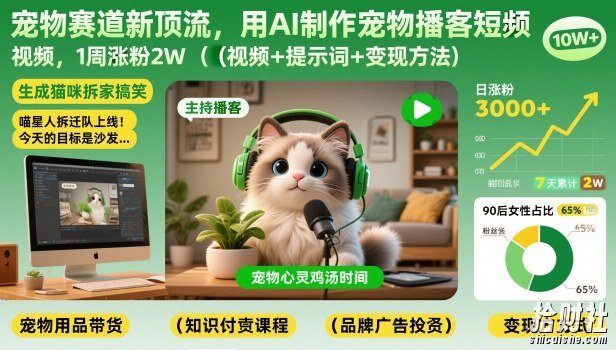宠物赛道新顶流,用AI制作宠物播客短视频,1周涨粉2W(视频+提示词+变现方法)