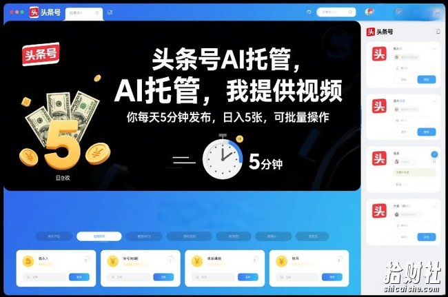 头条号AI托管,我提供视频,你每天5分钟发布,日入5张,可批量操作【揭秘】