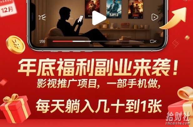 年底福利副业来袭!影视推广项目,一部手机做,每天躺入几十到1张【揭秘】