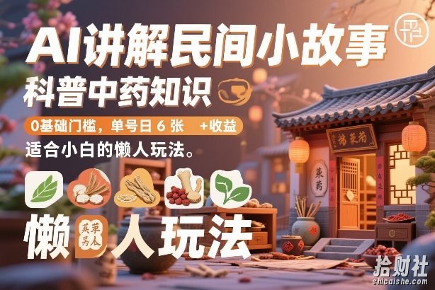 AI讲解民间小故事，科普中药知识，0基础门槛，单号日6张+收益，适合小白的懒人玩法