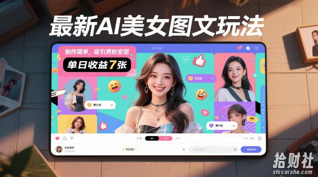 最新AI美女图文玩法，制作简单，吸引男粉变现，单天收益7张