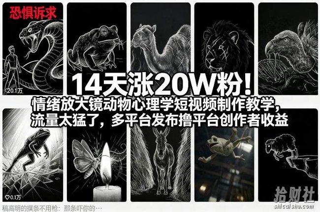 14天涨20W粉!情绪放大镜动物心理学短视频制作教学,流量太猛了,多平台发布撸平台创作者收益