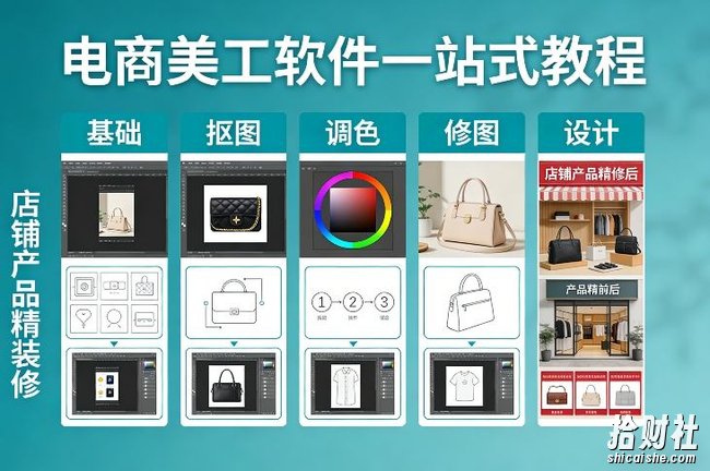 电商美工软件一站式教程,基础/抠图/调色/修图/设计,店铺产品精装修
