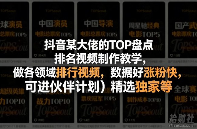 抖音某大佬的TOP盘点排名视频制作,做各领域排行视频,数据好涨粉快,可进伙伴计划+精选独家等