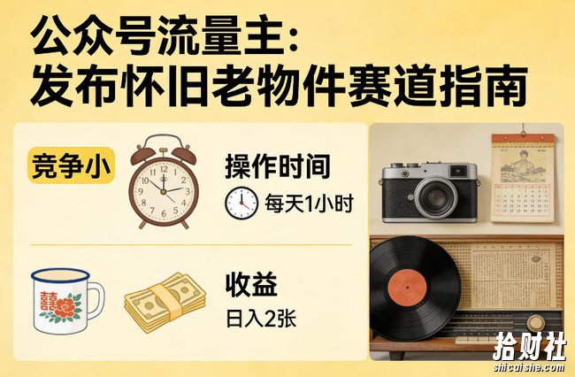 公众号流量主之发布怀旧老物件赛道，竞争小，每天操作1小时，日入2张