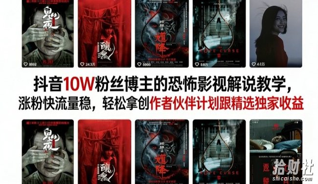 抖音10W粉丝博主(大冤种)的恐怖影视解说教学,涨粉快流量稳,轻松拿创作者伙伴计划跟精选独家收益
