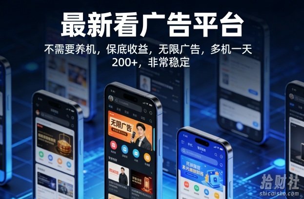 最新看广告平台，不需要养机，保底收益，无限广告，多机一天200+，非常稳定【揭秘】