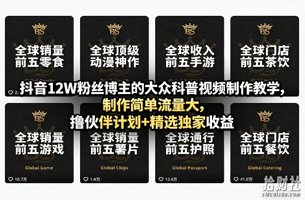 抖音12W粉丝博主的大众科普视频制作教学,制作简单流量大,撸伙伴计划+精选独家收益