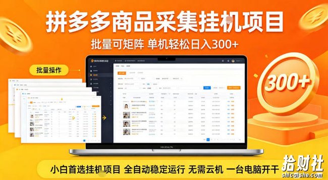 拼多多商品信息全自动采集项目,批量可矩阵,单机轻松日入300+,无需云机一台电脑开干【揭秘】