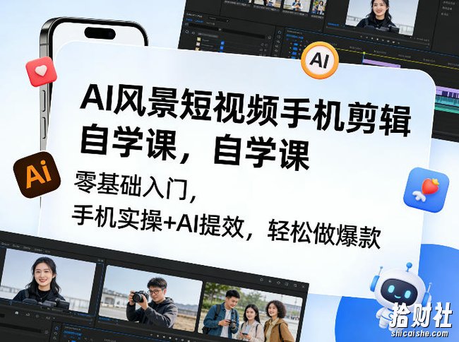 AI风景短视频手机剪辑自学课,零基础入门,手机实操+AI提效,轻松做爆款