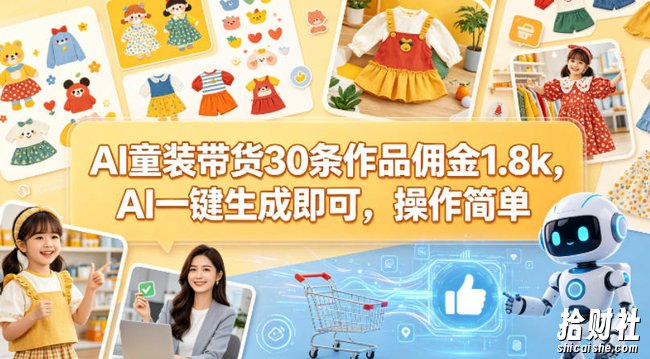 AI童装带货30条作品佣金1.8k，AI一键生成即可，操作简单