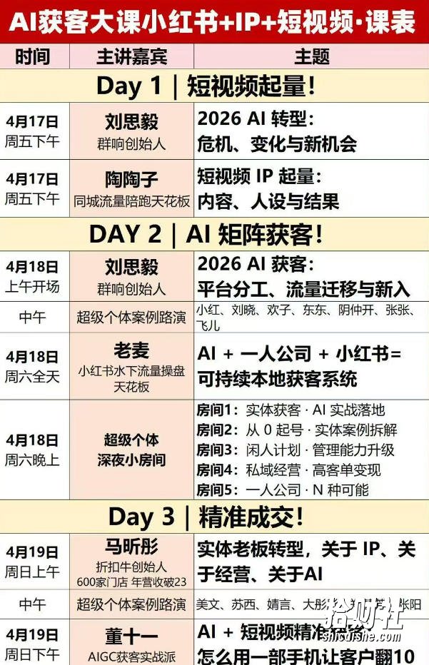 AI获客大课小红书+IP+短视频3天2夜线下课,用最真实的一线案例,最前沿的AI工具,最有效的流量打法(完整版)
