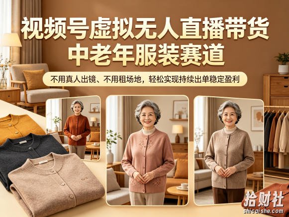 视频号虚拟无人直播带货中老年服装赛道,不用真人出镜、不用租场地,轻松实现持续出单稳定盈利
