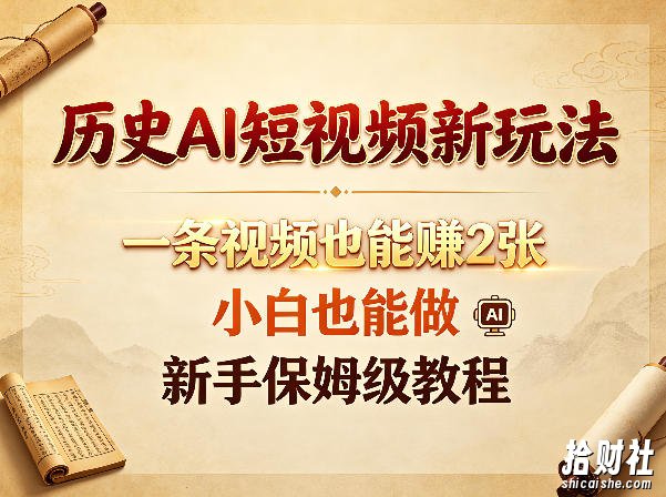 历史AI短视频新玩法，一条视频也能賺2张，小白也能做，新手保姆级教程