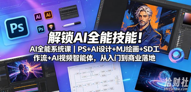 解锁AI全能技能!AI全能系统课|PS+AI设计+MJ绘画+SD工作流+AI视频智能体,从入门到商业落地