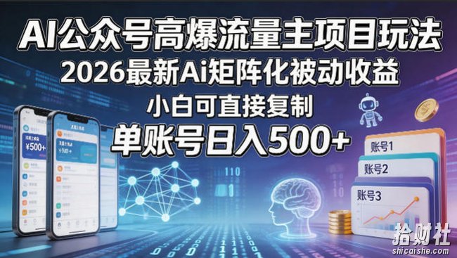 AI公众号高爆流量主项目玩法,2026最新Ai矩阵化被动收益,小白可直接复制,单账号日入500+