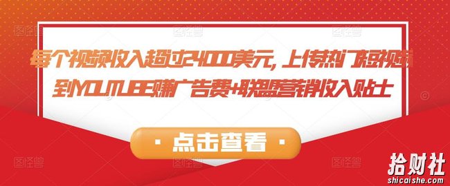 每个视频收入超过24000美元,上传热门短视频到YOUTUBE赚广告费+联盟营销收入