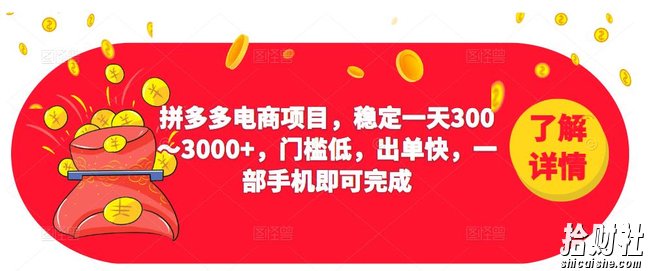 2023拼多多电商项目,稳定一天300~3000+,门槛低,出单快,一部手机即可完成