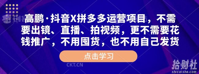 高鹏·抖音X拼多多运营项目,不需要出镜、直播、拍视频,不需要花钱推广,不用囤货,不用自己发货