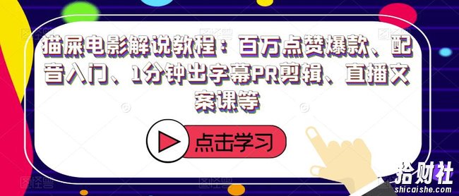 猫屎电影解说教程:百万点赞爆款、配音入门、1分钟出字幕PR剪辑、直播文案课等