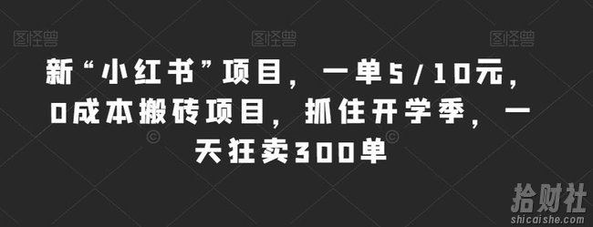 新“小红书”项目，一单5/10元，0成本搬砖项目，抓住开学季，一天狂卖300单【揭秘】