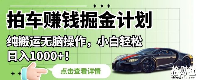 拍车賺米掘金计划,纯搬运无脑操作,小白轻松日入1000+【揭秘】