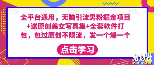 全平台通用，无脑引流男粉掘金项目+送原创美女写真集+全套软件打包，包过原创不限流，发一个爆一个【揭秘】