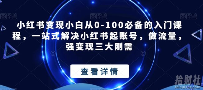 小红书变现小白从0-100必备的入门课程，一站式解决小红书起账号，做流量，强变现三大刚需