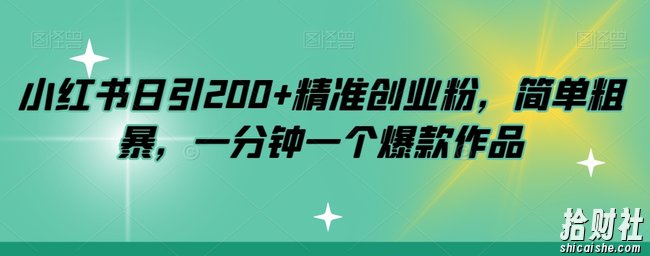小红书日引200+精准创业粉,简单粗暴,一分钟一个爆款作品【揭秘】