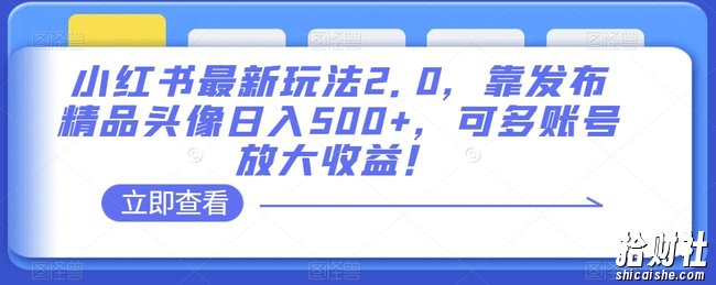 小红书最新玩法2.0,靠发布精品头像日入500+,可多账号放大收益!【揭秘】
