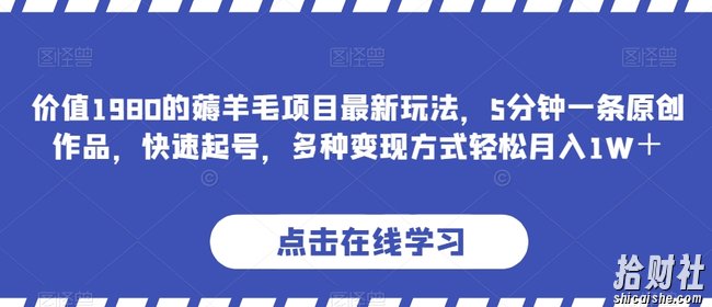 价值1980的薅羊毛项目最新玩法,5分钟一条原创作品,快速起号,多种变现方式轻松月入1W+【揭秘】