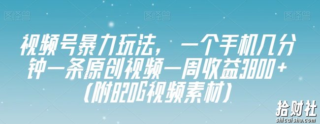视频号暴力玩法，一个手机几分钟一条原创视频一周收益3800+（附820G视频素材）