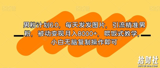男粉计划6.0,每天发发图片,引流精准男粉,被动变现月入8000+,喂饭式教学,小白无脑复制操作即可