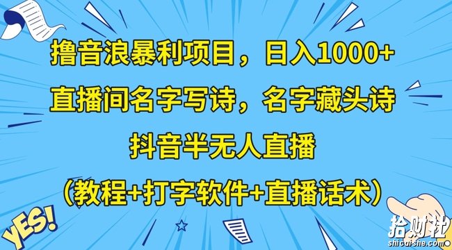 撸音浪暴利项目，日入1000+，直播间名字写诗，名字藏头诗，抖音半无人直播（教程+打字软件+直播话术）【揭秘】