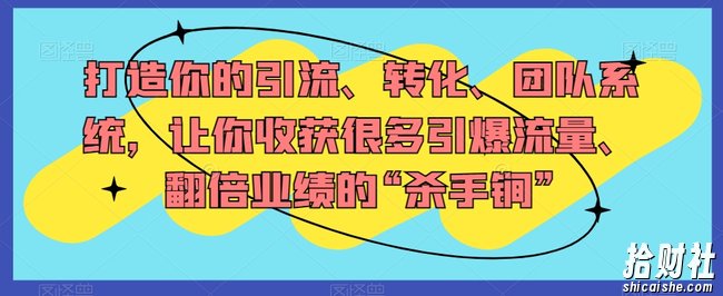 打造你的引流、转化、团队系统,让你收获很多引爆流量、翻倍业绩的“杀手锏”