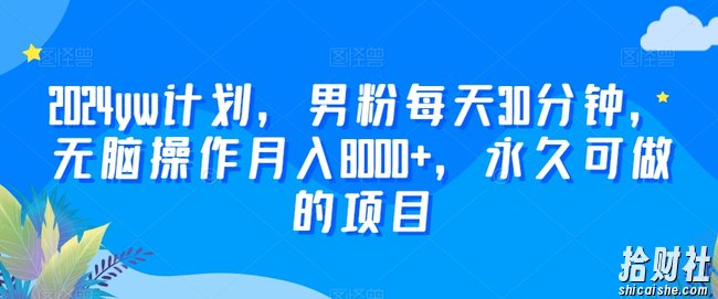 2024yw计划，男粉每天30分钟，无脑操作月入8000+，永久可做的项目【揭秘】